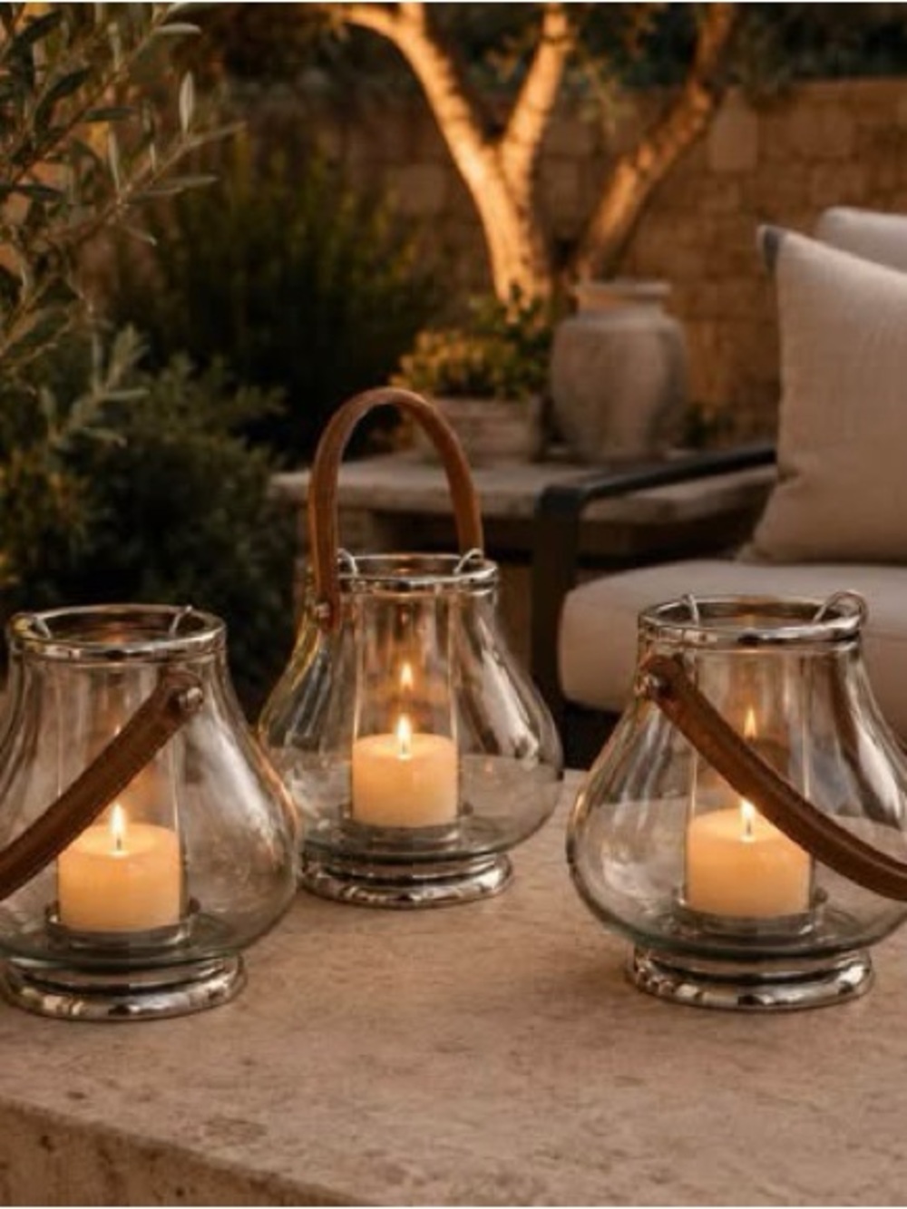 Glass & Leather Petite Hurricane Lanterns | Set of 3